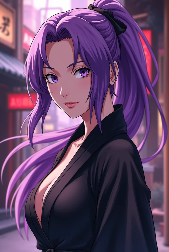 best quality,masterpiece,1girl, solo,cleavage,large_breasts,purple_eyes, purple_hair, long hair,ponytail,horns,suit