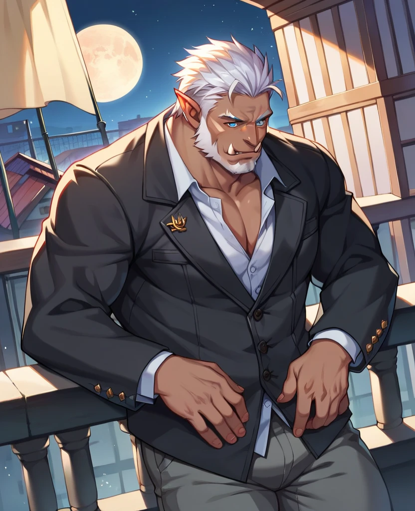 A young, tall and imposing male with short, slicked back white hair, a perfectly groomed beard, and piercing red eyes. He exudes confidence and carries himself with a sly and mysterious aura. Wearing panties and matching bra.