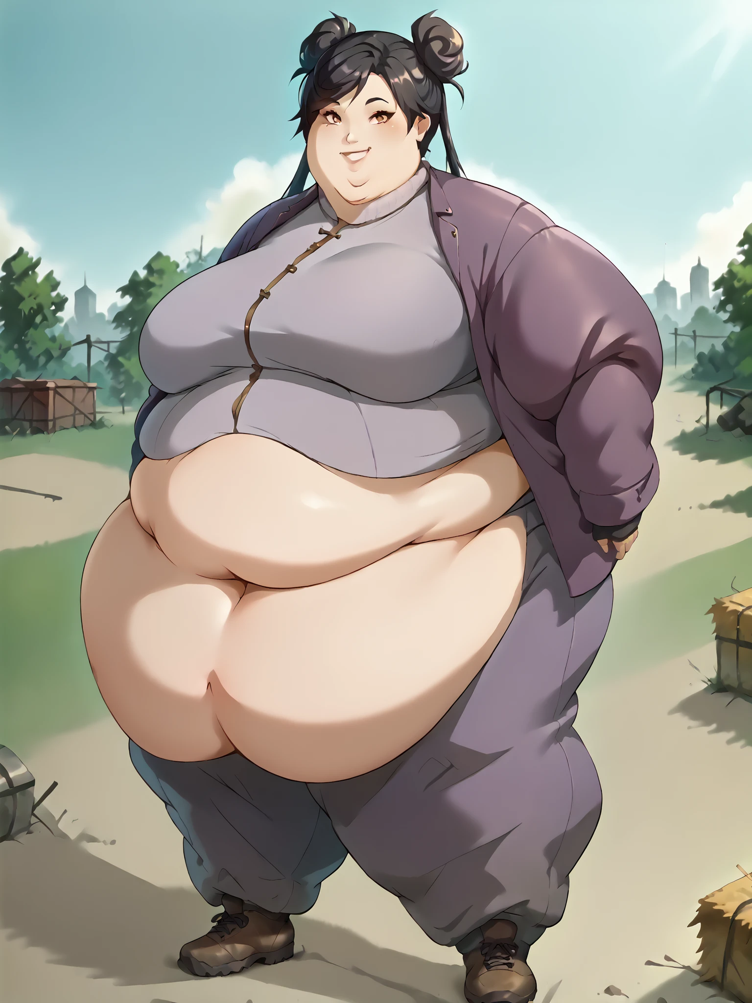 art by kipteitei, 1girl, dark green hair , hair in pony tail, maki zenin from the anime jujutsu kaisen, big plump belly, huge belly, pretty face, nose, lips, beautiful eyes, circle glasses, (best quality, masterpiece, 4k, sharp focus), professional photograph, sharp focus, dramatic, award winning, cinematic lighting, octane render, unreal engine, volumetrics dtx,
