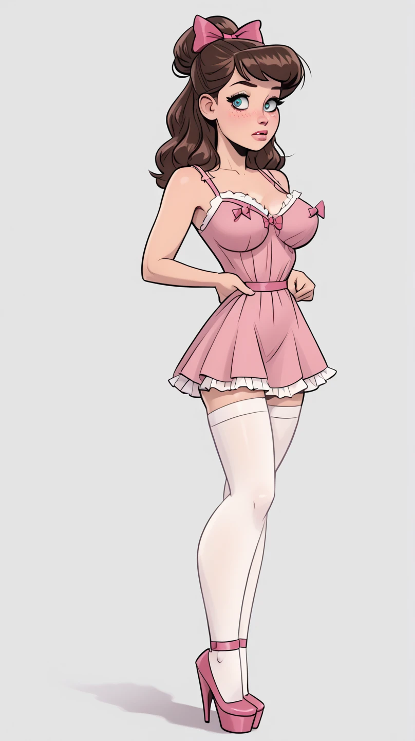 masterpiece, best quality, highly detailed, 8k, (pure grey background:1.2), anime, (2D:1.1), (1girl:1.2), 30-year-old mature woman dancing ballet, (athletic body:1.2), abs, (muscular:1.2), beautiful face, (long legs:1.2), short pink hair, big breasts, wearing pink stockings, wearing pink thigh boots with high heels, slender waist, tight butts, opening mouth, korean idol, (full-body image:1.2)