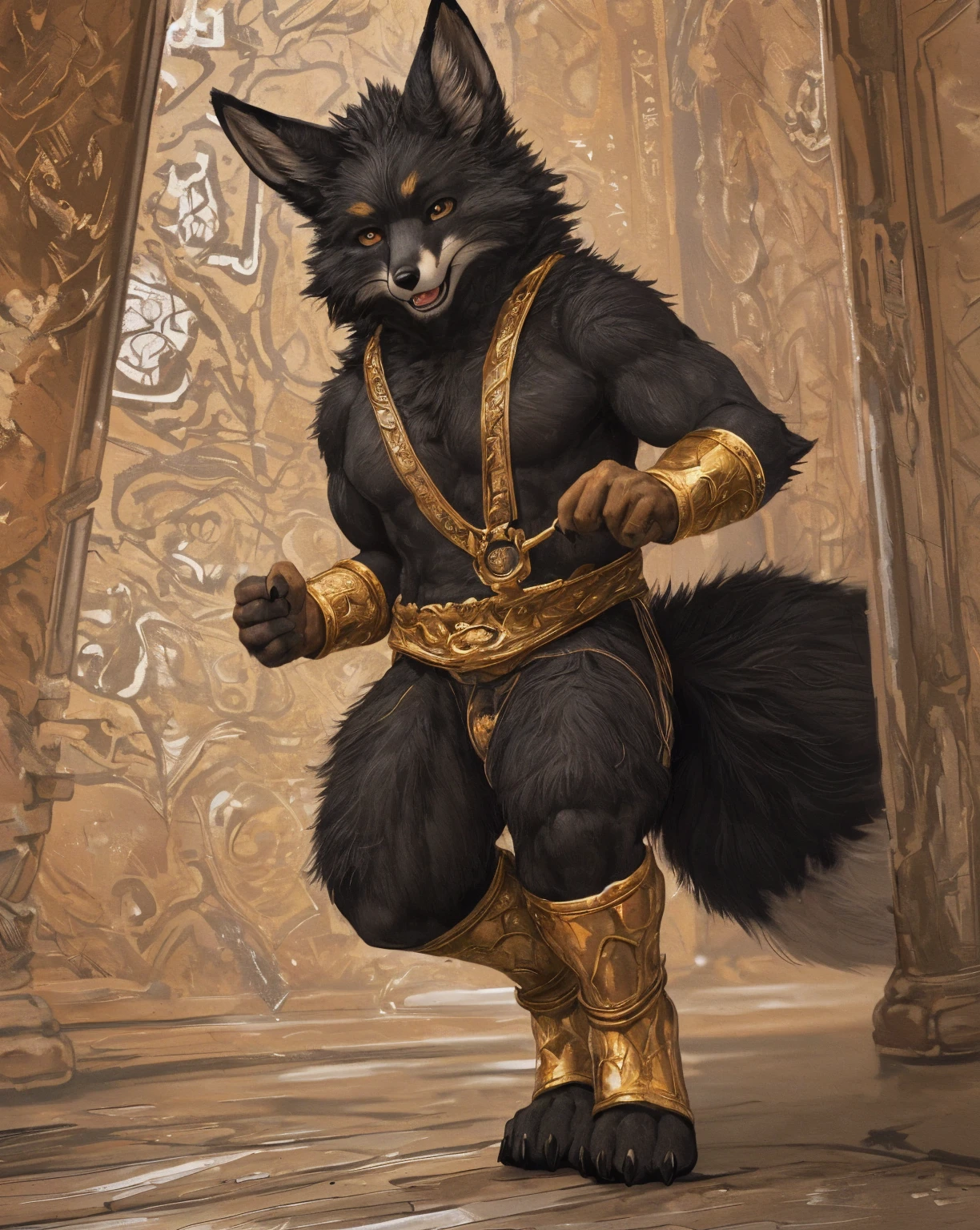 Hybrid, musclegut, ((Crow head)) (beak) (raven), ((bird Head)) ((opossum tail)), ((hyena body)), overweight male, solo, chunie, best quality, hd, detailed eyes, gryphon, (by darkgem), chunie, (wearing loincloth), ((black bird claws fingers)) ((black bird talons fingers)) (( detailed hyena fur)), ((detailed scales fingers))