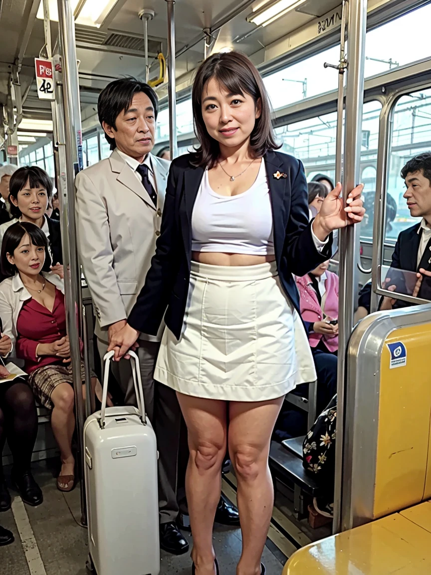 Highest quality、8k、30 years old、masterpiece、Ultra-high resolution、Clear photos、Professional Lighting、Natural light、Realistic, Highly detailed skin, Perfect Anatomy、Idle class、Baby Face:1.6、Large Breasts、(Large areola)、Large erect nipples:1.2、Very slim、Tight waist、Glamour、Very short bob hair:1.8、Brown Hair:1.8、Beautiful Hair、Thin legs、smile、in the train、Office Suits:1.2、(Perfect Pantyhose:1.2)、Sit with your legs apart
