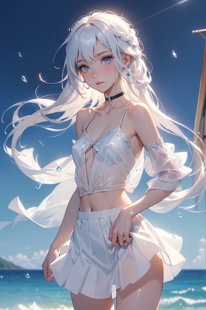 Full-length portrait of a girl,White dress,White panties,Small Bust