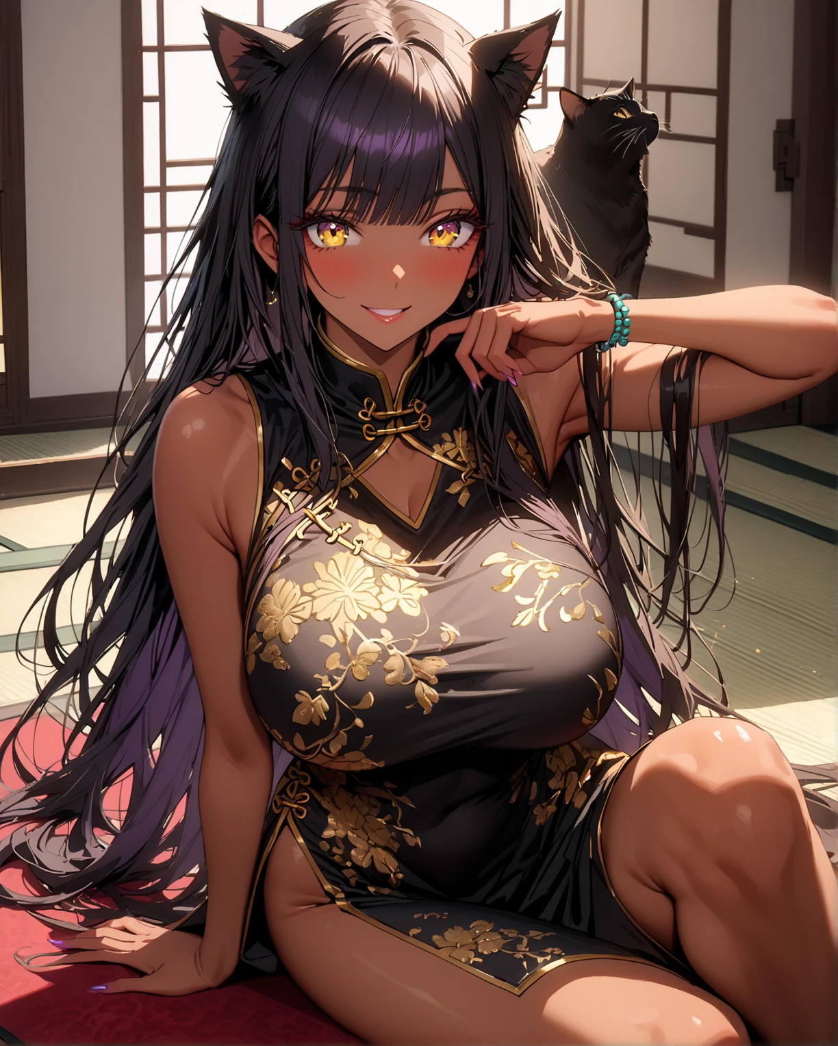 a beautiful, human, with shiny purple earrings, perfect, short, cute, purple flower stuck, in her hair, teenager, mouth closed, beautiful perfect purple eyes, beautiful and cute face, eyes with eyeliner, symmetrical eyes, dark design, long hair long, belt at the waist, black with purple tips, perfect body, (maximum quality), wearing a lilac Chinese fighting outfit, showing belly, wearing purple flower pants, simple on top of the pants, in a village very ancient and old Japanese woman standing calm and gentle pose 

