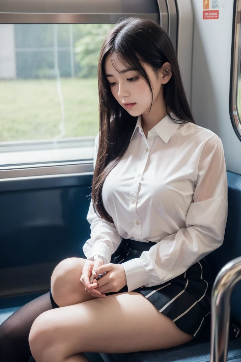 (realistic:1.3), face with shadow, Depth of the bounds written, , 
beautiful detailed illustrations,great art,(((very detailed))),
One girl sitting,bangs,high school girl,sleep,closed my eyes,white panties,skirt,
cowboy shot,From before
,(((very detailed))),in the train, a young woman is sleep contentedly. Through the gap between her legs and skirt, I can see her panties. The vehicle is shaking, Her calm expression and calm breathing are、It creates a peaceful atmosphere
,(((very detailed)))