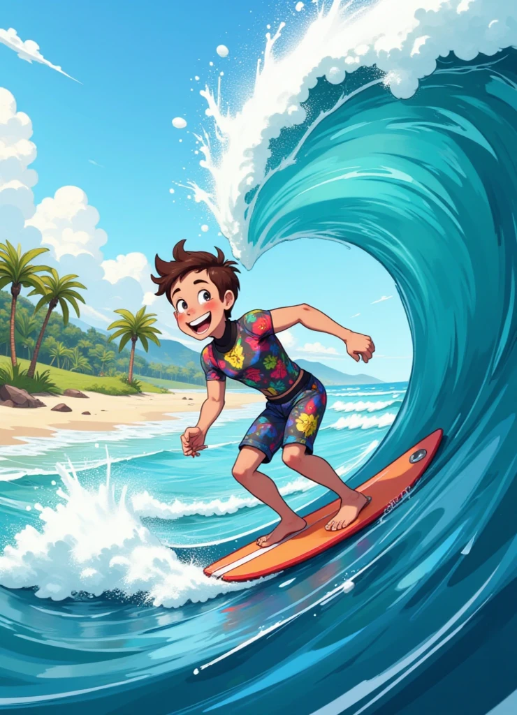 surfer escaping from dangerous wave on stormy day, 4k, cartoon
