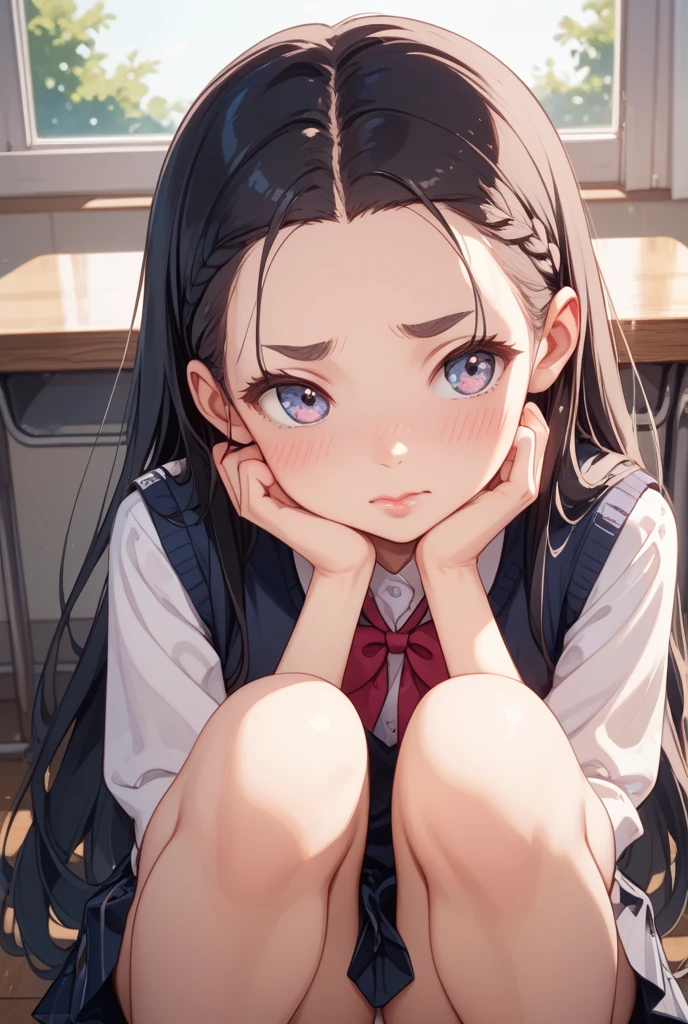 1girl, solo, female, (mayoi_hachikuji) <lora:hachikuji-v3-pruned:0.7>, flat_chest, hair_ornament, four-leaf_clover, twintails, (red_eyes), on_knees, long_hair, holding, lips, hands, pose,
green_ribbon, bracelet, maid costume, bandaid_on_leg, bandaid_on_knee, white_socks 
room, motel, hotel, background, detailed:1.4, photorealistic:1.3