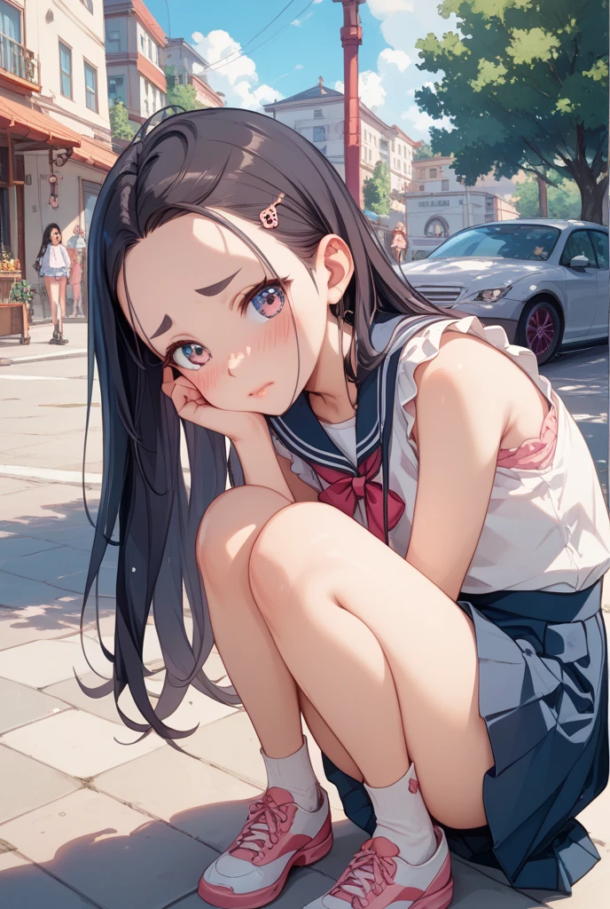 The upper part of the body、an oil painting、masterpiece、top-quality、hight resolution、Orange long hair、Orange long hair、shores、Naughty look、White and gray stripes々bra very、White and gray stripes々Panties、Bending legs、Female face、Hot face、A slightly troubled look、sweat-wet skin、blue-sky、(((Pink tank top)))、(((Black miniskirt)))、squatting、Open your legs、Underwear is visible、Embarrassing