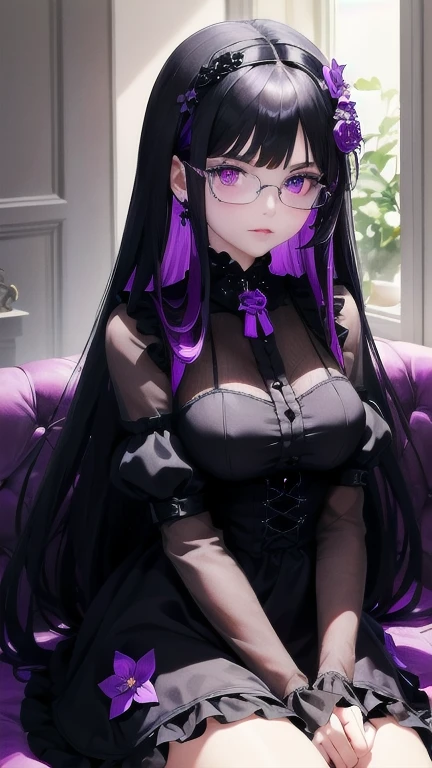 1girl, (masterpiece), best quality, expressive eyes, perfect face, a anime elf girl, looks like 20 years old, ((long hair)), skirt, small breasts, shirt, long sleeves, hair between eyes, bare shoulders, ((twintails)), jewelry, very long hair, ((purple eyes)), ((purple hair)), pantyhose, shoes, glasses, elf girl, black skirt, off shoulder, black footwear, black pantyhose, high-waist skirt, off-shoulder shirt
