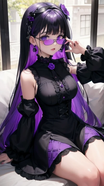 韓国のmature woman，Stay outdoors, sitting on a park bench，（（（T Masterpiece）））， （（best quality））， （（intricate details））， （（ultra realistic realism））， stupid solution， mature woman， ripe woman， very detailed， An illustration，（（large breasts））， perfect hands， detailed fingers， beautiful detailed eyes，(Very long wavy hair with purple hair color:1.4)， (((Korean style long sleeve gothic lolita costume:1.7, frills, Checkered super mini pleated skirt 1.5, Fishnet tights, black platform knee boots, Thong with small strings on both sides)))，Detailed background， perfect eyes， enchanting eyes，mouth slightly open, (((One girl with huge breasts who has a very small thong and boldly spreads her legs wide open:1.2))
