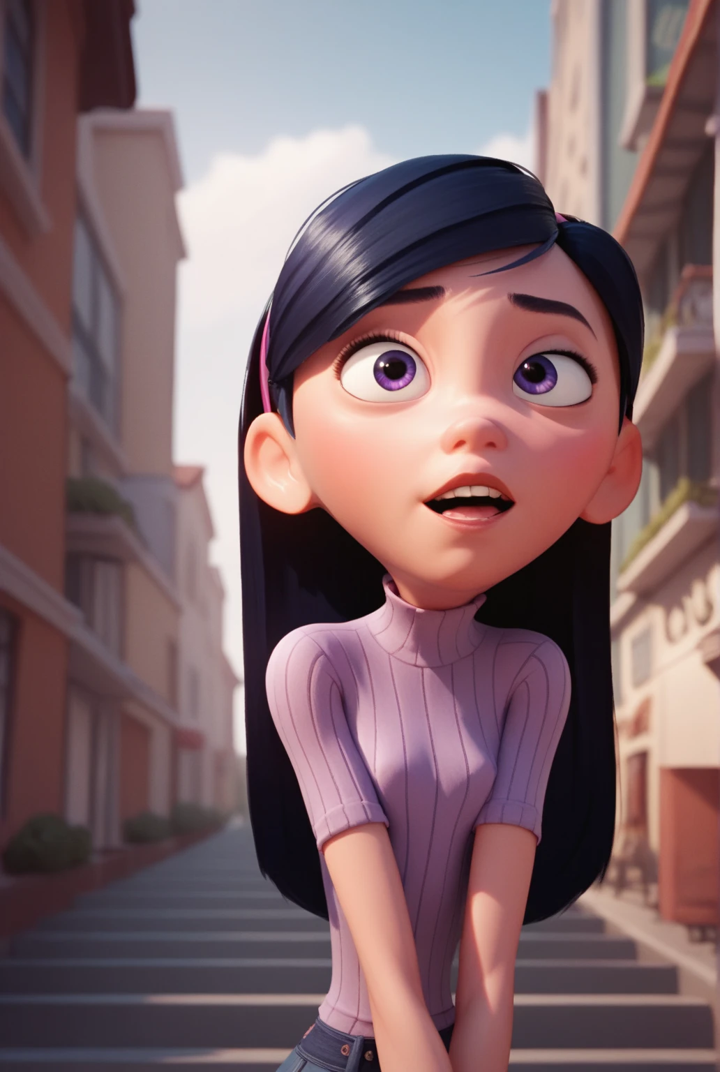 violetparr, black hair, long hair, hairband, smile