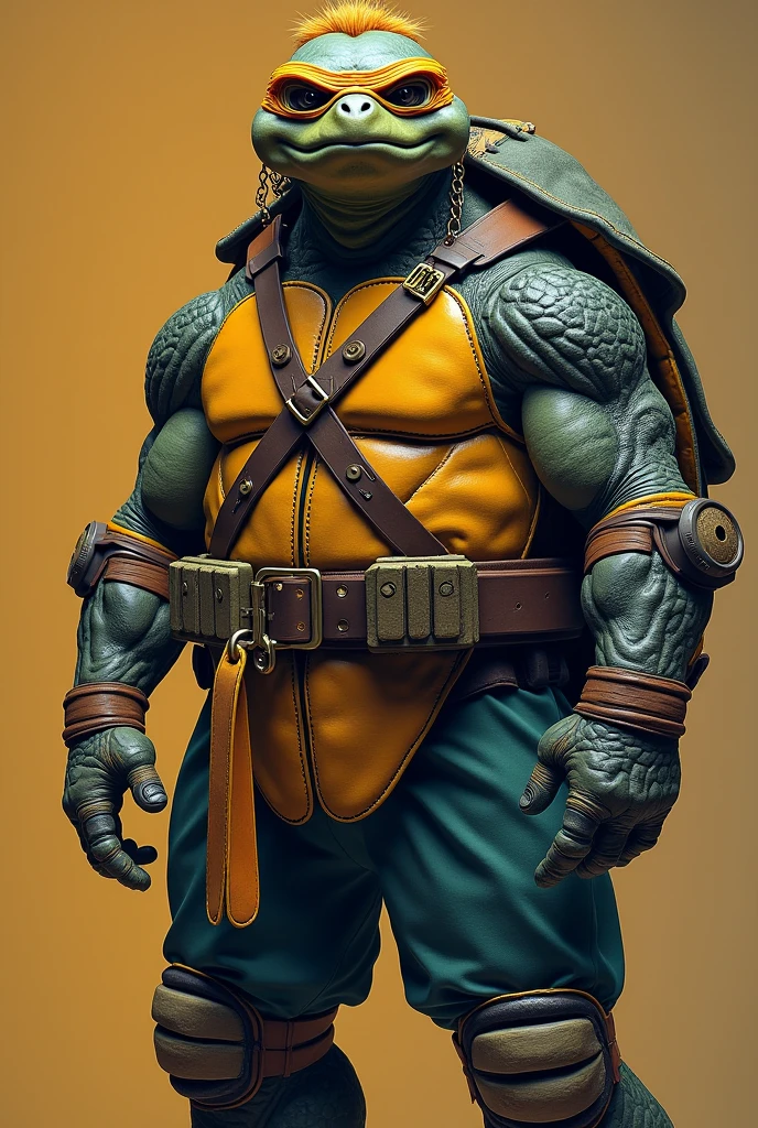 Michelangelo,a teenage mutant ninja turtles,ronin,buff,muscular,big neck,green darker skin,black bandanna,mutant,bald,equipped with ninja’s weapons,cool expressions,ninja outfit,full body,a powerful physique, inspired by the style of Frank Miller, 80’s comics, masterfully rendered with exceptional detail and realism, vivid colors, and dramatic lighting.