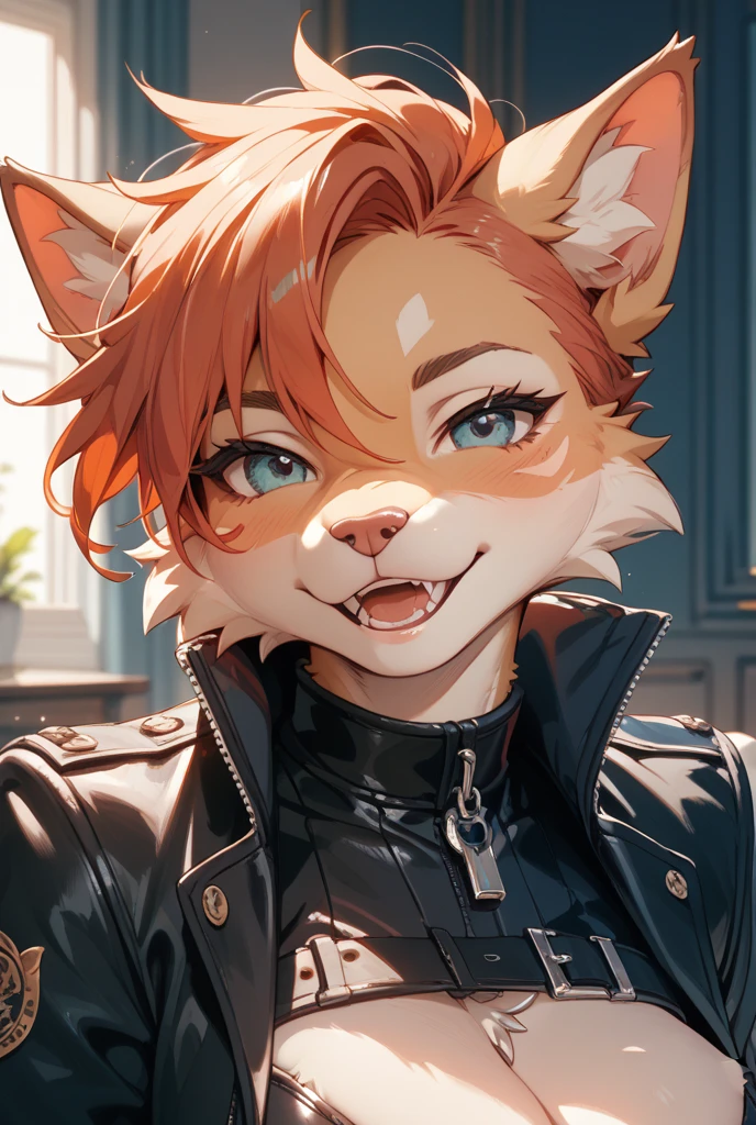 a photorealistic, highly detailed, 1girl, wearing a skin tight, shiny, latex catsuit, with a feline-inspired cat ears and tail, perfect anatomy, beautiful detailed eyes, beautiful detailed lips, extremely detailed face, longeyelashes, anthro cat girl, striking a confident, alluring pose, in a dramatic, moody lighting, cinematic composition, hyper realistic, 8k, detailed background, ultra-detailed, (best quality,4k,8k,highres,masterpiece:1.2),ultra-detailed,(realistic,photorealistic,photo-realistic:1.37),dramatic lighting,moody atmosphere, big eyes, cute, happy facial expression, covered nipples