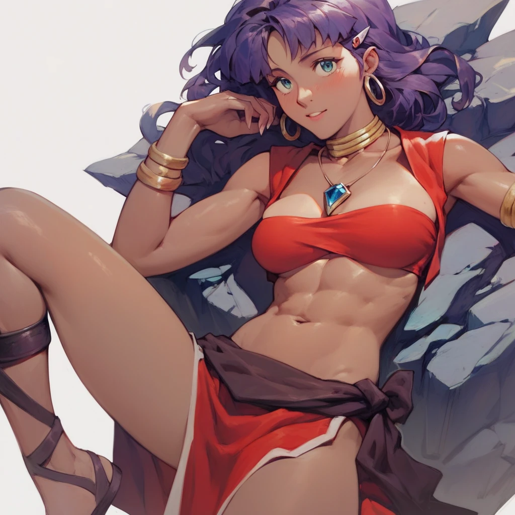 18 year old Yoruichi Shihōin from Bleach with tanned skin in a purple thong bikini flexing her muscles with her hands behind her head so they are not visible to pridefully show off her rock hard abs and sitting on her heels on a mountain ledge, highly detailed