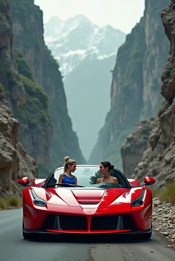 supercargirl2, a woman, a car, mountain range , flash photography   brunette hot girl, no clothes at all showing medium round breasts 