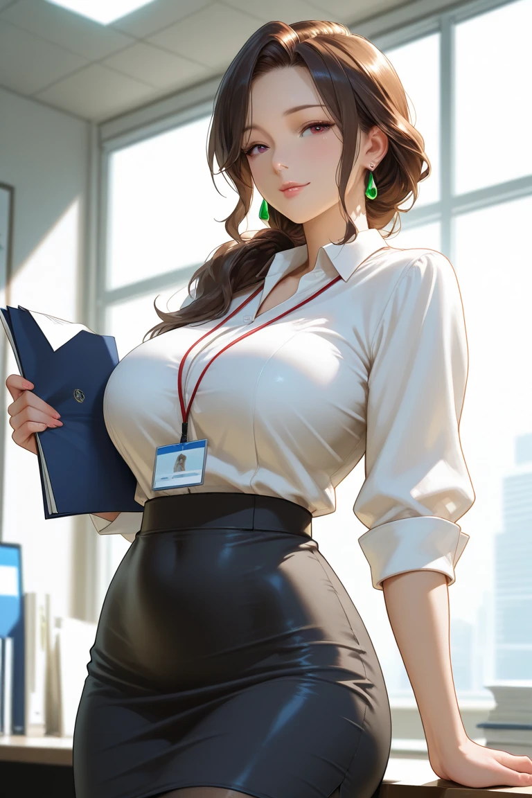 Professional, High level of detail, close up photo (attractive mature 45yo woman:1.3),ray tracing, natural lighting, (blushing:1.1 ), (classy, elegant, dandy)1.2, (red colour), perfect face, flower dress with blue blazer, long pencil skirt, (((glasses, covered))), big breast, cleveage, Slim Face,(mature) , Pretty Lady, smile eyes, see full image, bracelet, (at desk in kitchen), view from behind