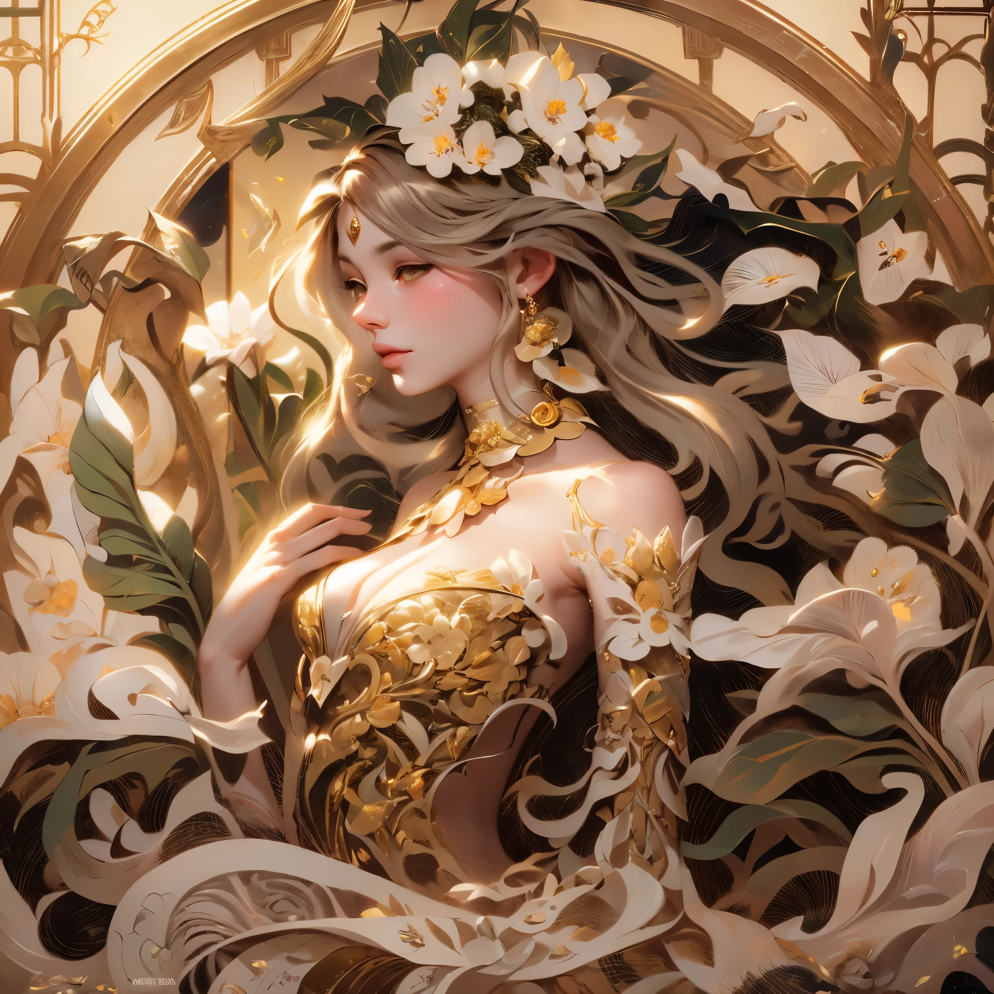 Depicts a beautiful woman with flowers in her hair、Highly detailed watercolor painting, The style of Alfons Maria Mucha and Gustav Kirmut, Art Nouveau accents, Fairy Princess, Anthropomorphic woman, Female figure, detailedな表紙アートワーク, As the Flower Goddess, Alphonse Mucha, Gustav Klimt, Pale skin, Marble sculpture, society, Gothic art, Art Nouveau, Behance Contest Winner, Cleavage,(masterpiece) (Highest quality) (detailed) (8K) (High resolution) (wallpaper) (Cinema Lighting) (Sharp focus)