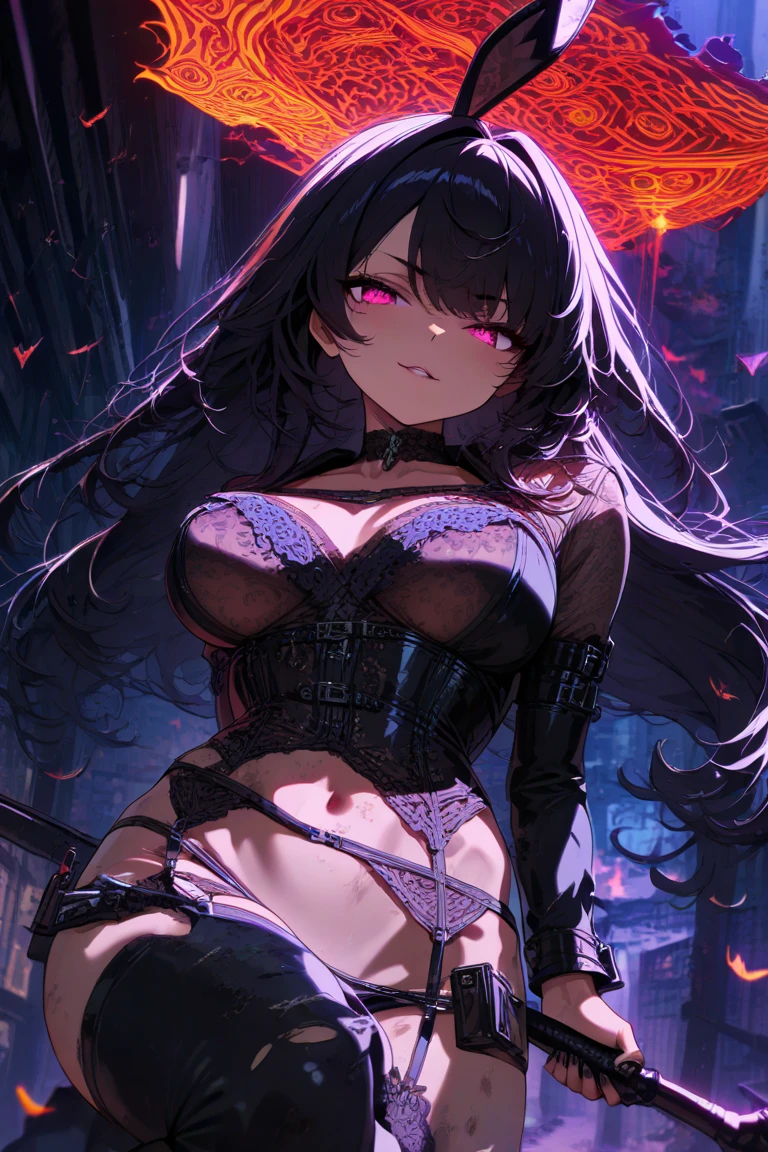 Beautiful black-haired anime girl in an exquisite bikini, Charming curves, Glowing eyes