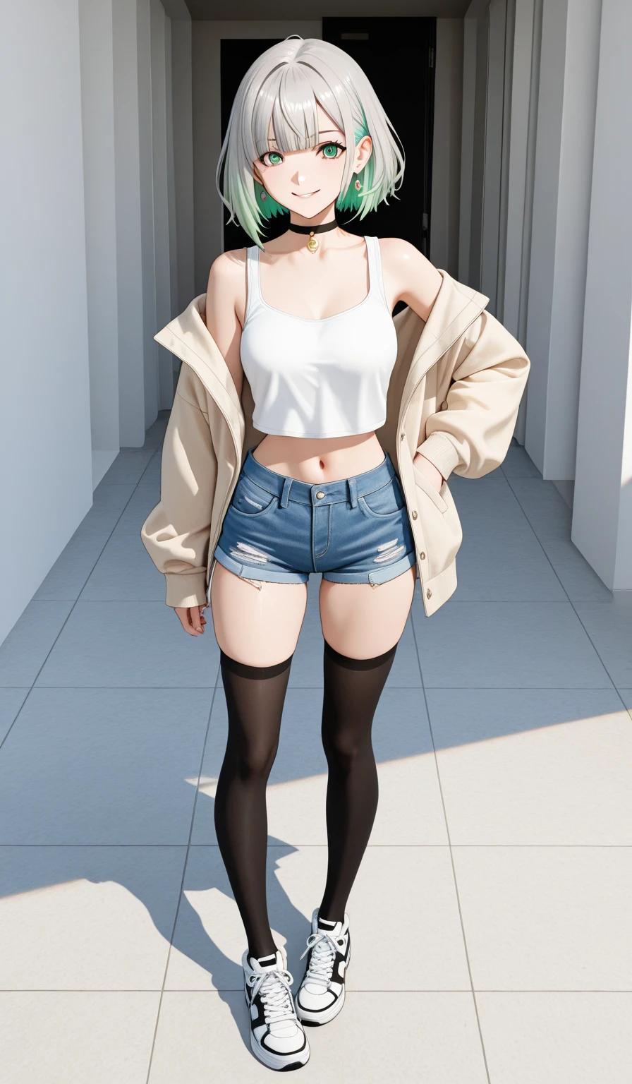 Detail image, realistic image, 1 girl. She has very short hair that has a single long strand on the right side, her hair is light pink. She has blue eyes. She wears a long sleeve shirt with garters. Denim mini shorts, thong with lace. sneakers. Smiling. She has big tits, small waist, wide hips, thick legs. Full body view. Ambient light. Volumetric light