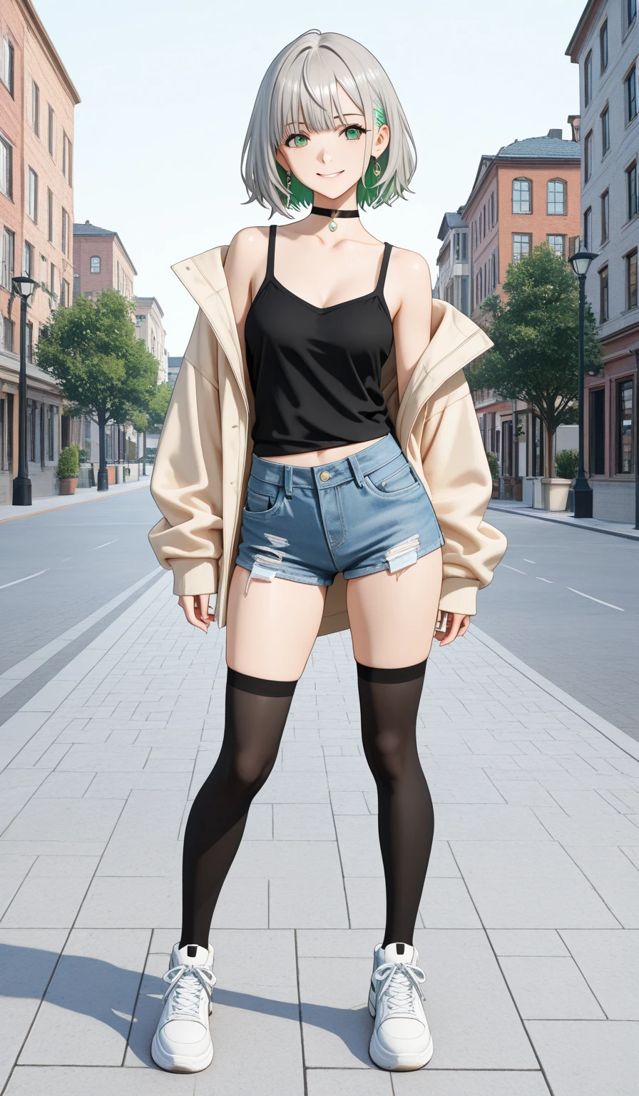 Israeli, 1girl, anime style, skinny body, Anime girl wearing crop top with jacket, shorts jeans, light grey short hair, orange eyes colour, pose picture of her sexy pose, straight on street of New York Tower, anime art wallpaper, detailed, 8k, high quality, skinny