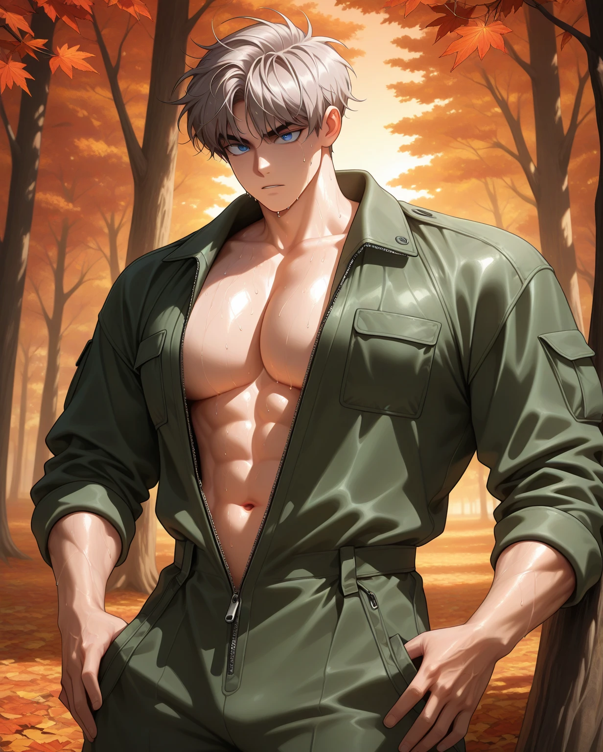 1 child,Alone,male focus,cowboy photo,alhaitham,Grey hair,short hair,Ahoge,green eyes,hair over one eye,shirt,shirt negra,gloves,shirt sin mangas,pants,standing, Pectorals,toned man,looking at the viewer , playa.