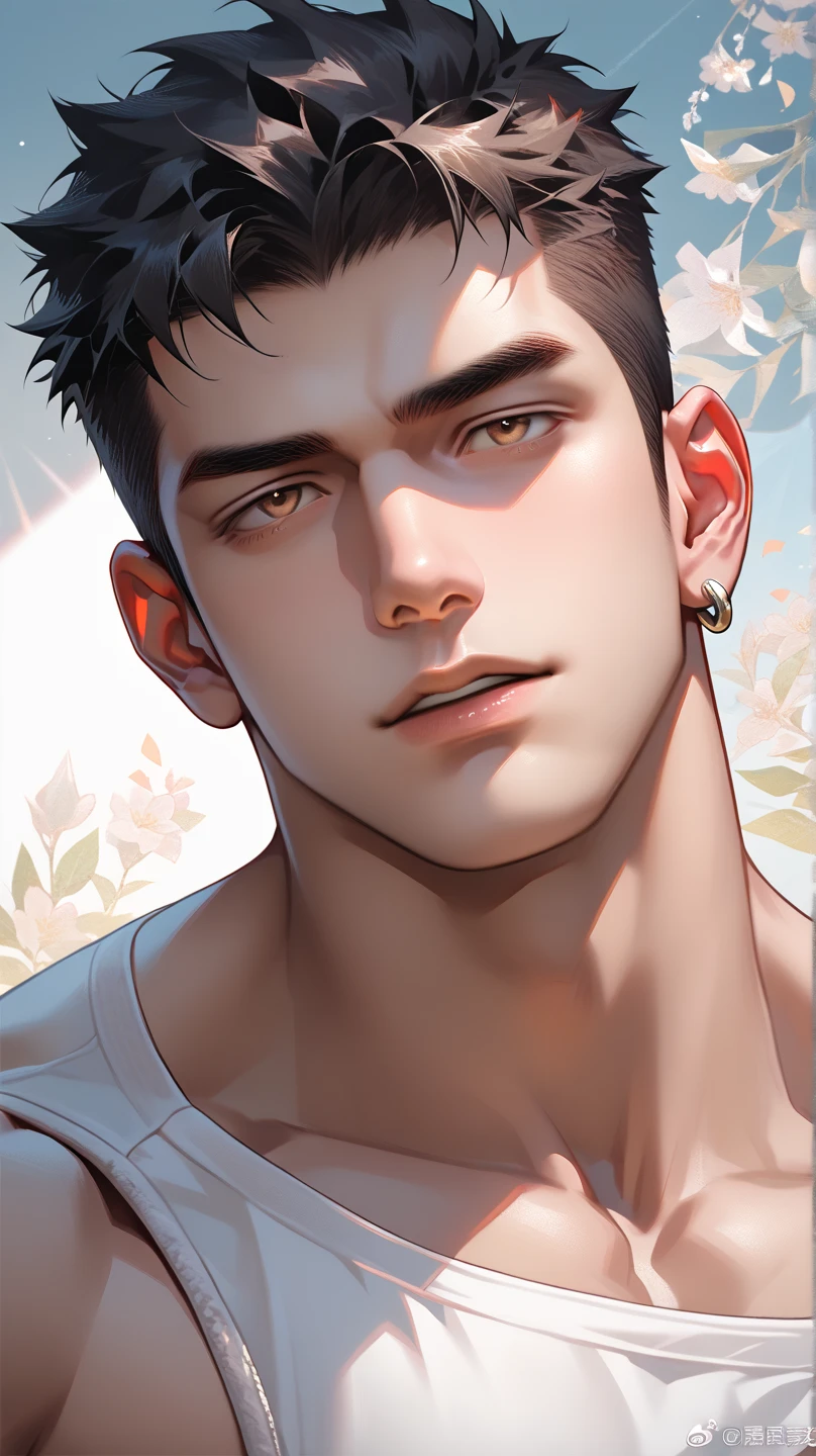 Reach out and take a selfie、male、20s、white t-shirt、skin head、smile、8 heads and bodies、good looking、The location is in the shade of a park
