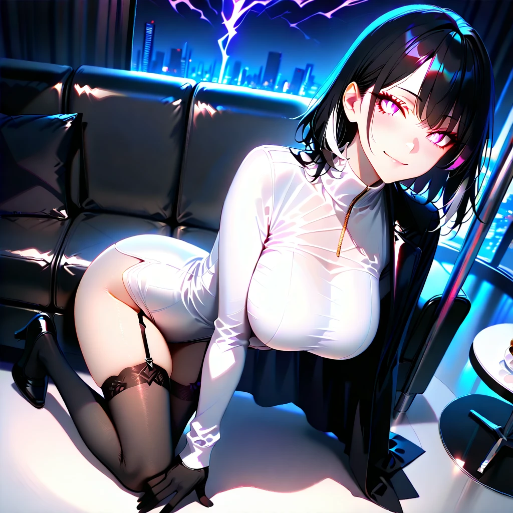 1 mature beautiful woman,(Highest quality,Extremely detailed depiction,Incredibly absurd high resolution,Anatomically accurate depiction,Curvy Legs),(Glowing Skin,Shiny skin),(A seductive former hostess),(Light colored off-shoulder tight sweater dress,Black Pantyhose,Luxury accessories,Earrings,necklace,Bracelet),eyelash,(Pink Eyes,Half-closed eyes:1.5,Crazy Eyes,There is cleavage in the chest,A seductive smile,Glossy Lips,Flashy makeup,eye shadow,eyeliner,mascara,Seductive gestures,forward leaning posture),whole body,background:Inside the room,