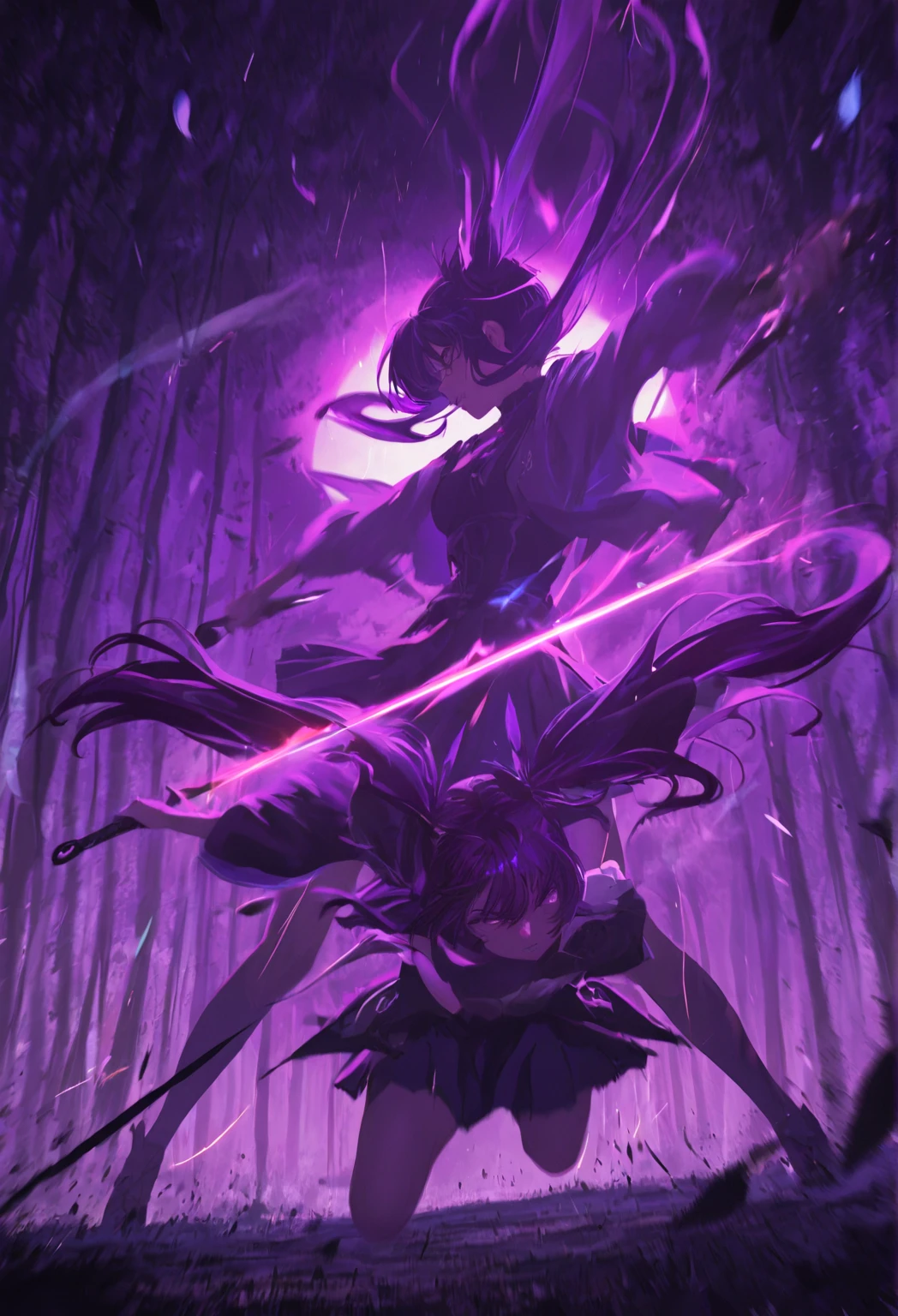 Anime-style dynamic battle scene of two ninjas with ponytails clashing ...