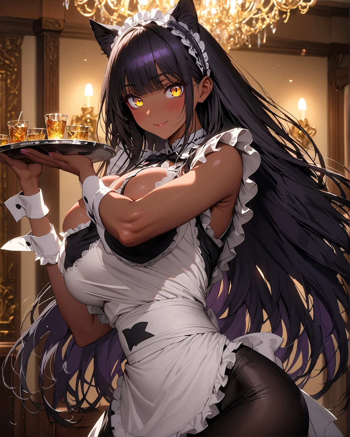 dark blue hair,,long hair,blue eyes,pointy ears,elf,,(((black bunny suit,bunny ears))),in the club,tray,drinks
