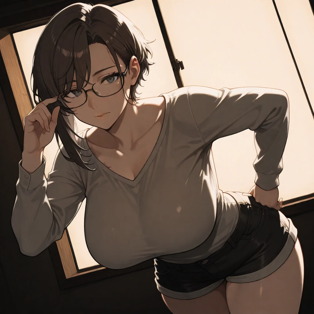 Solo, anthro, feline, domestic cat, grey fur, grey body, brown hair, short hair, hair over eye, brown eyes, (((red glasses))), sweater, turtleneck, by bebebebebe, by pgm300, by buta99, by suurin 2, by sindoll, by kishibe, muscular, abs, cleavage, alleyway, plants