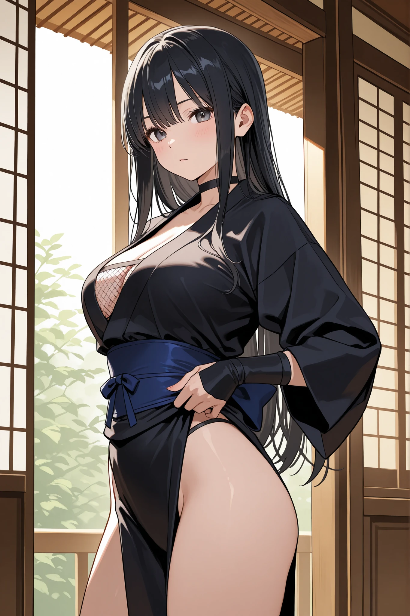 ((masterpiece, best quality, highest quality, ultra-detailed, 32K cg wallpaper, high resolution)), 1 woman,black hair,brown eye,long low ponytail hair,swept bangs,gigantic breasts,smile,parted lips,sleeveless kunoichi costume,standing,from left in front,open legs,sweat,japanese house,