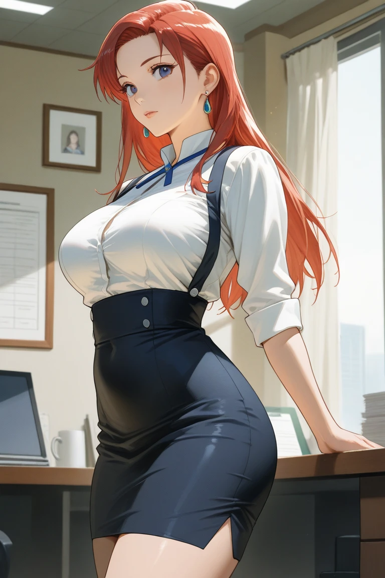 absurderes, 8K ,A high resolution, Ultra detailed, Beautiful, Masterpiece, Best quality, (Beautiful and delicate silver eyes), (1girll) ,A sexy beautiful nami from one piece character working as office OL (Office Lady),white button-down blouse,There a collar,Black Slit Skirt,(Black pantyhose),Long legs ,Detailed legs,High heels,Side ponytail , bangs,full body,Big breasts,cleavage,orange hair,