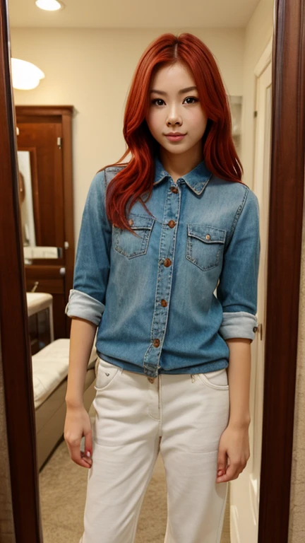 anime girl redhead long hair wearing casual clothes waifu style