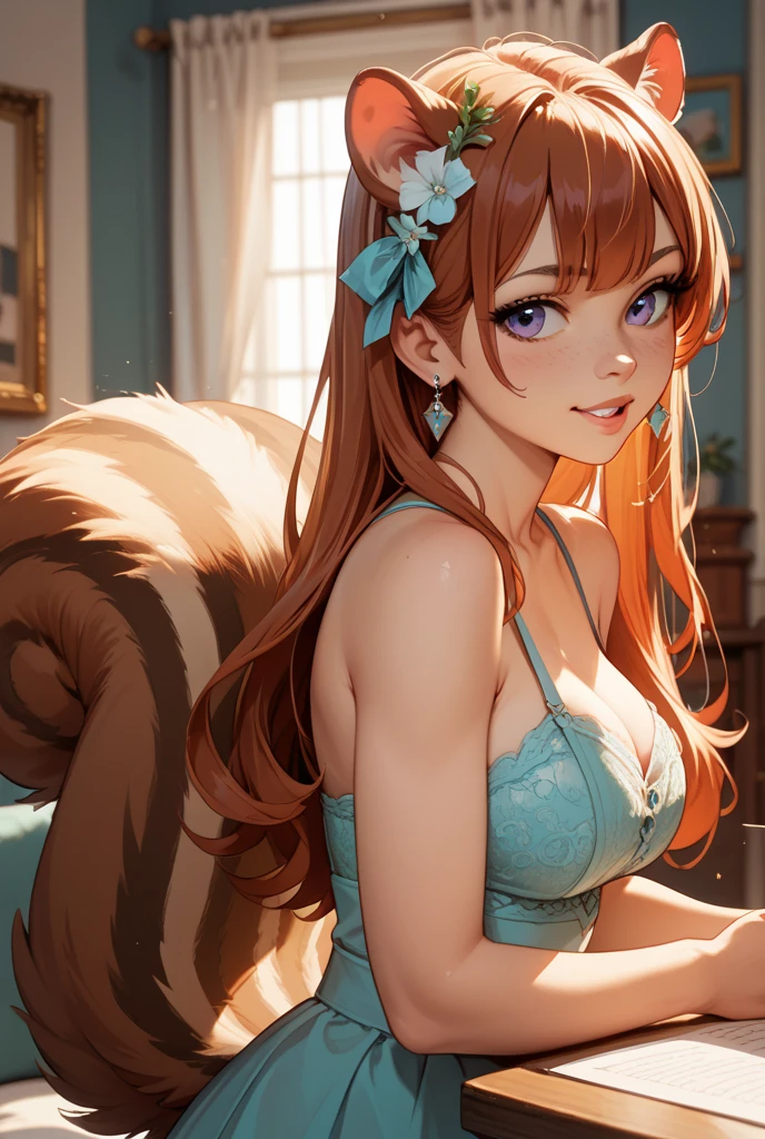 sandy-cheeks, anthro, female, 1girl, furry female, squirrel girl, tail, furry, buck teeth, buckteeth, teeth, black eyes, clothed, purple bra, purple bikini top , skirt, (masterpiece:1.2), best quality, high resolution, unity 8k wallpaper, (illustration:0.8), (beautiful detailed eyes:1.6), extremely detailed face, perfect lighting, extremely detailed CG, (perfect hands, perfect anatomy),
