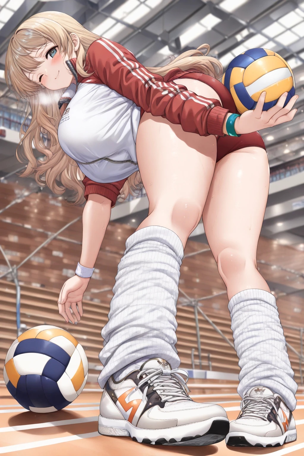 (((masterpiece))), (((Best Quality))), (((Ultra Detail Art))), (((hight resolution))), ((superfine illustration)), ((Ultimate cutie)), Detailed beautiful face, Shiny hair, (gyaru), medium breasts, ((potbelly)), (((Solo))), (((female volleyball player))), ((Evil smile)), ((Smirk)), (blush),
BREAK, (((Holds dirty spherical 6-inch volleyballs))), hand on hip,
BREAK, (((Buruma))), (Volleyball Uniforms), Sleeveless Volleyball Uniforms, (Kneepads), (elbow pad), (Bare hands), ((Sweat)), ((Covered in sweat)), (Breathless), on valleyball court, in gymnasium, Lighting, from below, Look at viewers