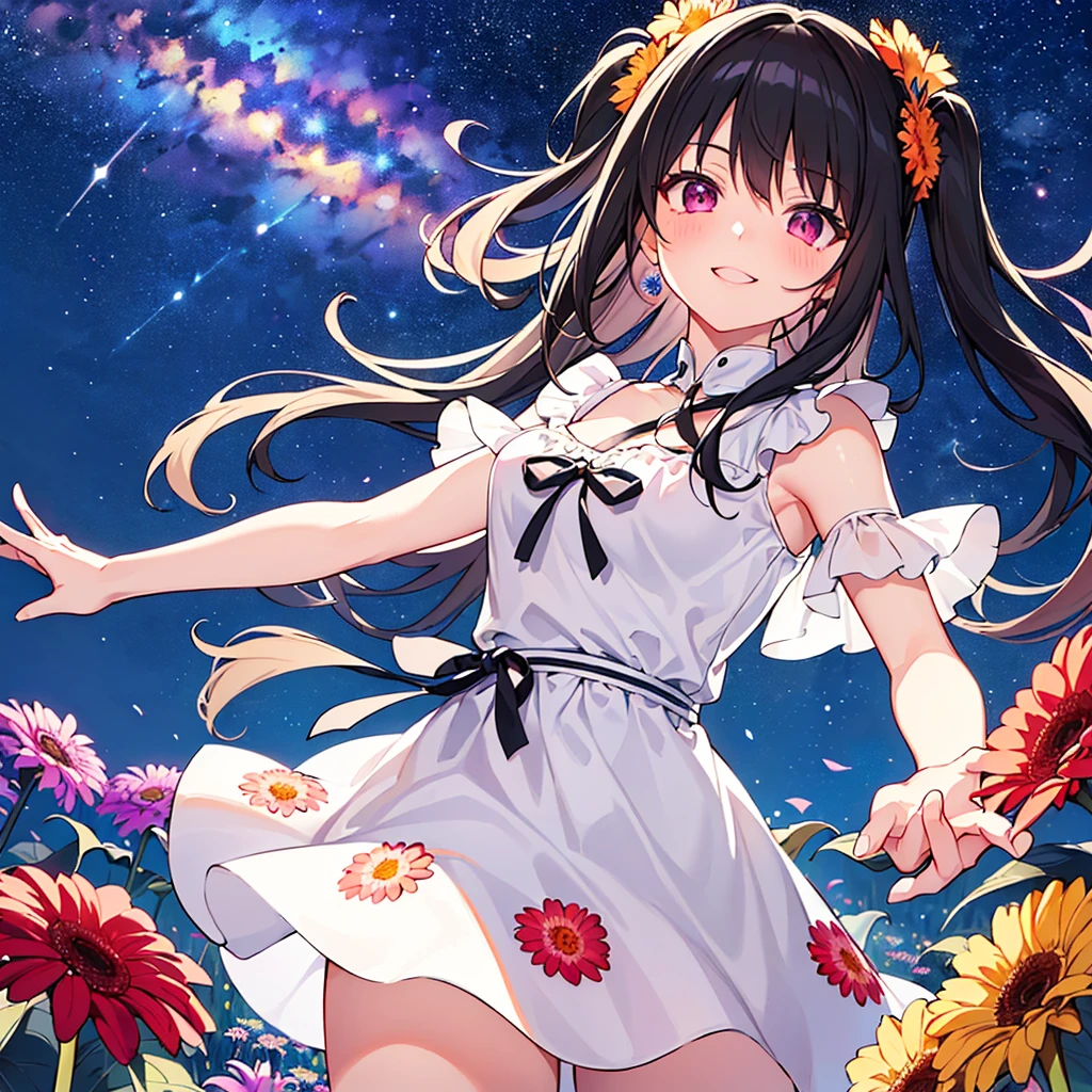 masterpiece, best quality, high quality, extremely detailed, very delicate and beautiful, (1female 18years old Adult alone solo:1.5) , (two-side up long black hair:1.5), bangs to eyebrows, eyes (eyes sharp, strong, glossy, glossy eyebrows), (eye color magenta:1.3), 6.5 head height, (summer dress with canna print:1.3), knee socks,ruffles, (smiling), (walking:1.3), (dynamic pose), (background canna flower field:1.3) , (Milky Way Night Sky:1.3)