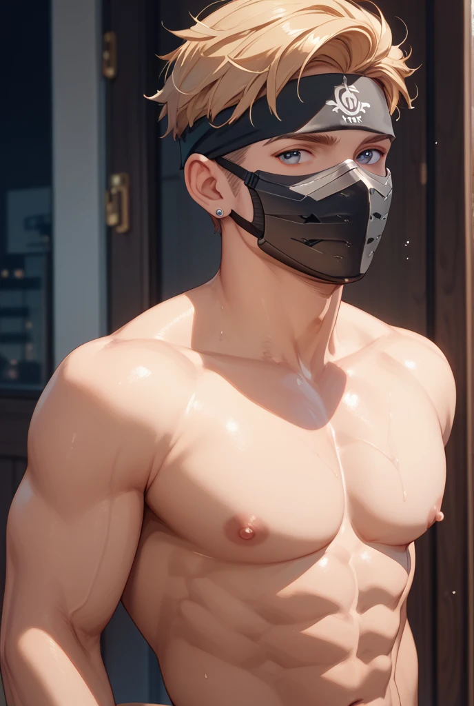 fantasy anime style, man with brown hair and brown eyes with his face covered with a mask, good physique, without clothes, desnudo, duchandose