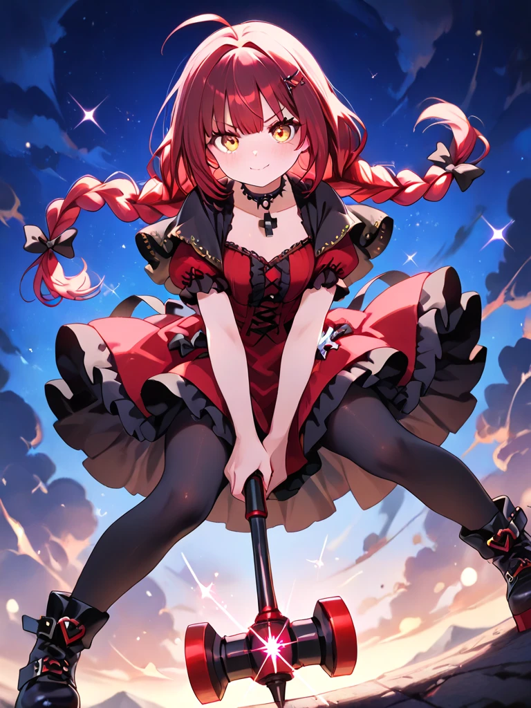 Linear,One girl,alone,Short Twin Tails,Hair between the eyes,Pink Hair,Medium Hair,Devil horns,Dark red hair ribbon,Pointed Ears,Purple eyes, Ruffled shirt collar,Dark red choker,White frill shirt,Juliet Sleeve,Long sleeve,Dark red neck ribbon,Dark red dress,White ruffle dress,White layered dress,Brown corset,Striped pantyhose, Mary Jane,Outdoor,Battle Axe,Has an axe, Amazing visuals, High resolution,masterpiece,highest quality,Amazing visuals,High resolution,masterpiece,highest quality,18-year-old,young woman,Beautiful fingers,Beautiful long legs,Beautiful body,Beautiful character design,