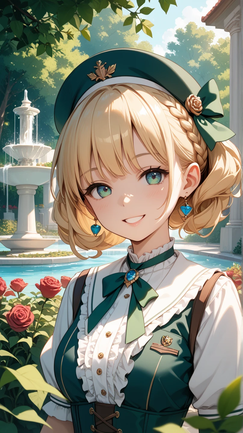 Blonde beautiful girl with green eyes, clear eyes, two high ponytails, magical girl
