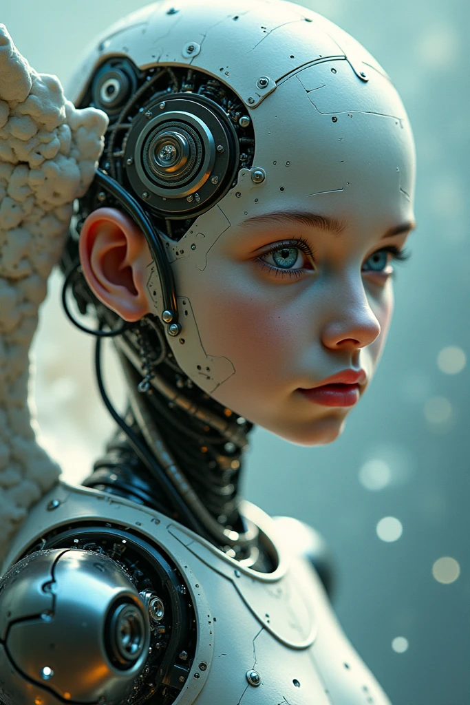 Top Quality, Masterpiece, Ultra High Resolution, ((Photorealistic: 1.4), Raw Photo, 1 cyberpunk android Girl, ((portrait)), Glossy Skin, (Ultra Realistic Details)), mechanical limbs, tubes connected to the mechanical parts, mechanical vertebrae attached to the spine, mechanical cervical attachment to the neck, wires and cables connecting to the head, Evangelion, ((Ghost in the Shell)), small glowing LED lamps, global lighting, deep shadows, Octane Rendering, 8K, Ultra Sharp, Metal, Intricate Ornament Details, baroque details, Very intricate details, realistic light, CGSoation trend, facing the camera, neon details, (android manufactory in background), art by H.R. Giger and Alphonse Mucha.