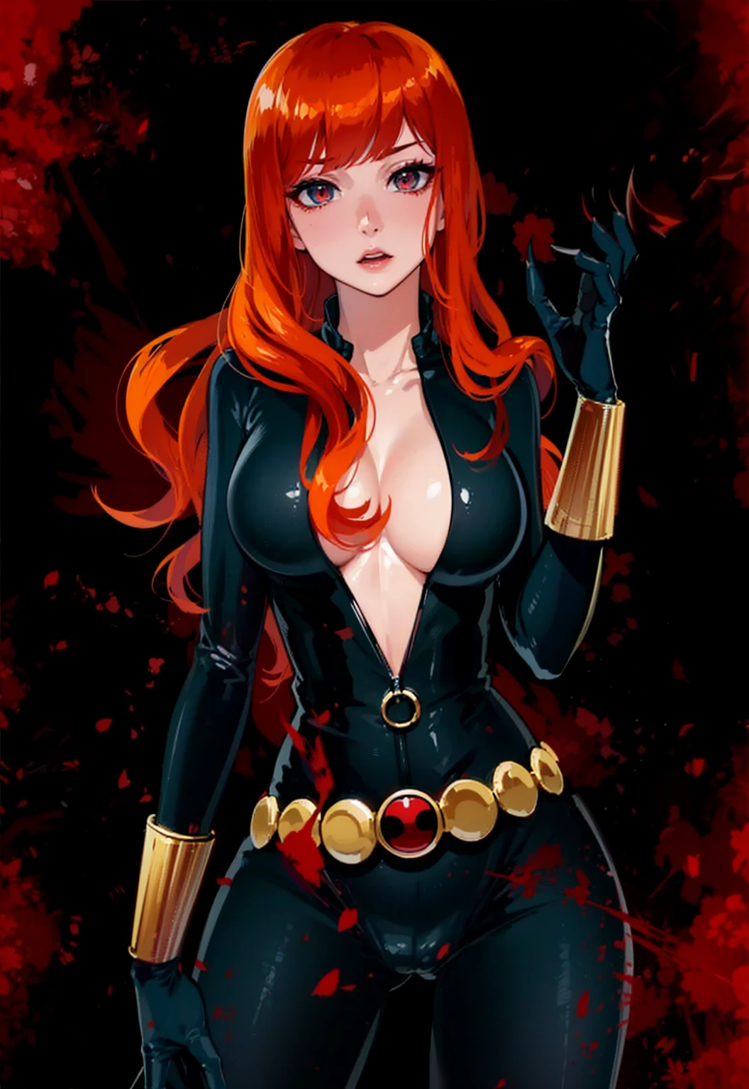 The image depicts a girl with bright red hair dressed in a sleek skin-tight shiny black latex bodysuit with a deep-cut zipper neckline revealing a large chest, the silver zipper running down the front. The suit is complemented by a belt of shiny golden circles around her waist. Both hands are tied behind her back. Her fair complexion and well-toned body contribute to the faithful representation of the character she is emulating. She appears with a cute smile on her face