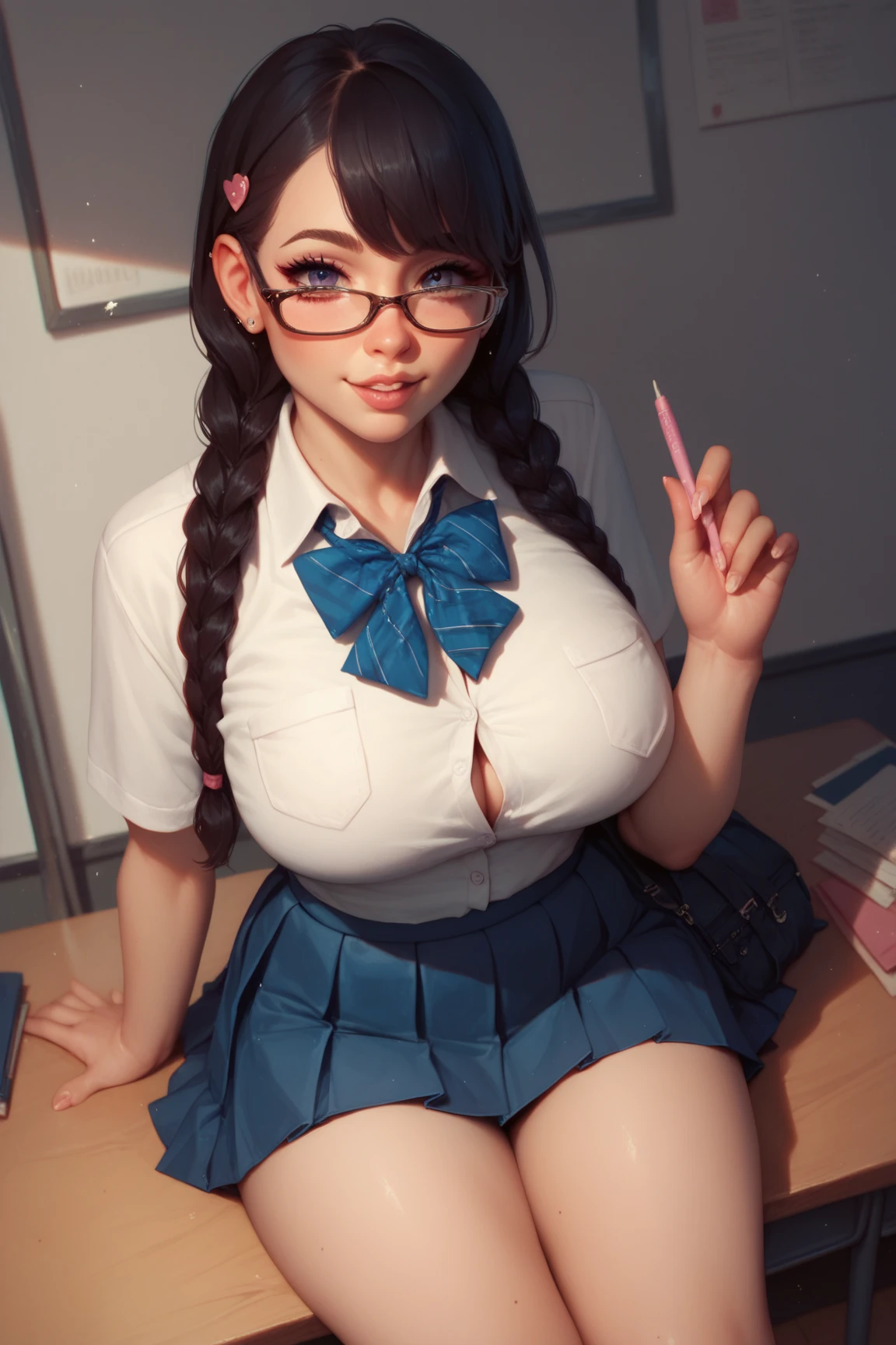 (((masterpiece,Highest Resolution,4K High Resolution,Crisp image quality:)Pussy juice(Inserting a dildo into a beautiful pussy)((Beautiful black hair braids,Glasses,Health Room,Masturbation)(Beautiful big ,Beautiful nipples,Teaching books,Blushing and embarrassed,Spread your legs wide in an M shape,)(lipstick),Pubic hair(((Erotic teacher)))Teacher's uniform