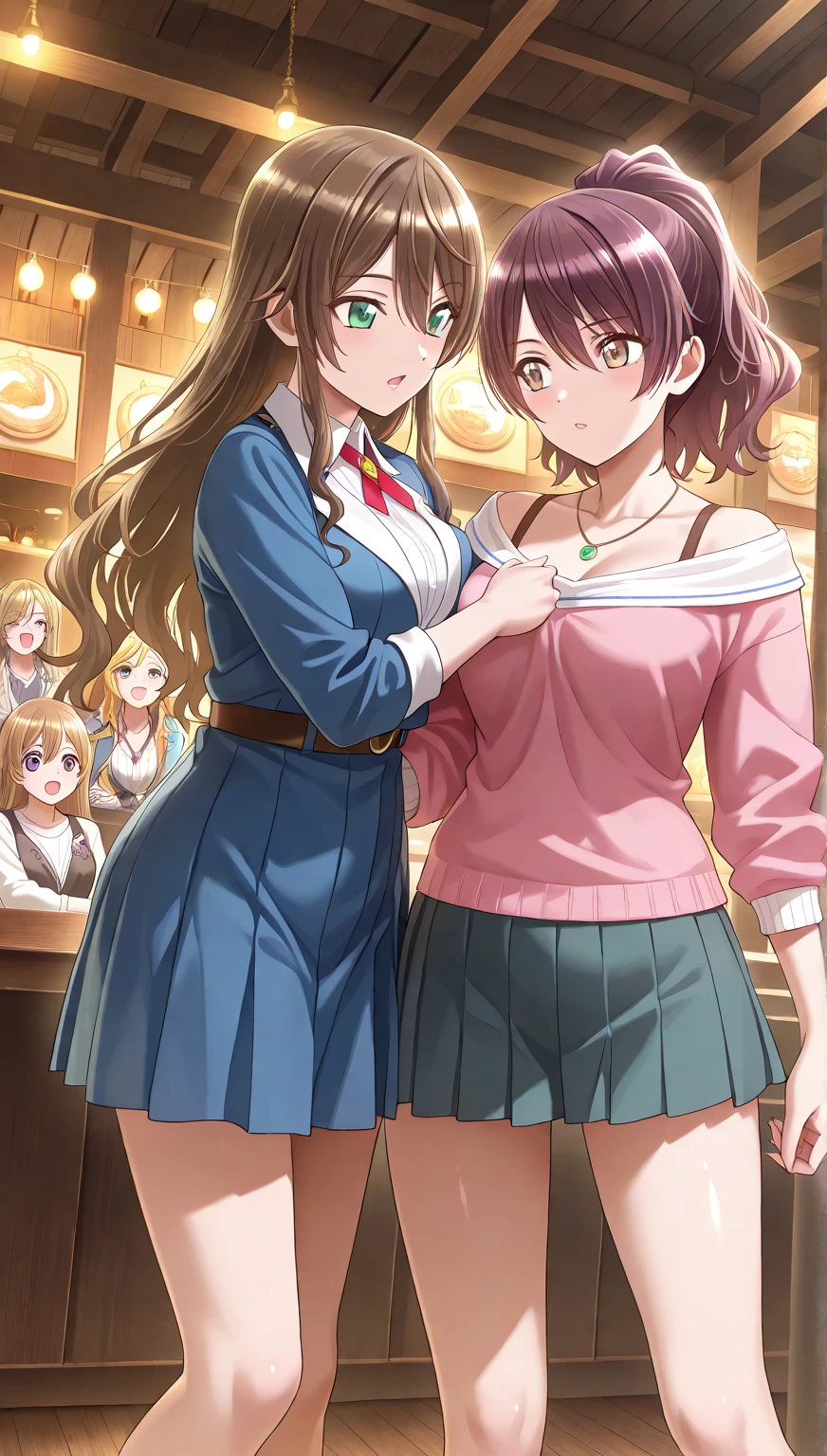 16k, 2girls,Hanami Saki,blush,big breast,white background,looking view,masterpiece,high quality ,(breast focus),(embarrassing) ,((nude)),nipple, (nipple-to-nipple ,yuri ),sweat,steam, {ombra}, brown hair, red dip-dye hair, ahoge, medium hair, single braided bun, wavy hair,looking view, yellow-brown eyes, earrings, nude,big breast,nipple, (nipple-to-nipple,yuri