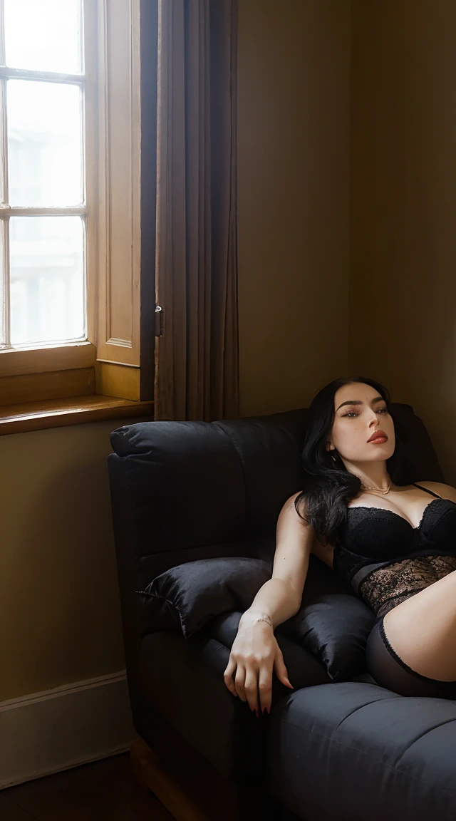 Morticia addams,sitting in the room of a haunted house, ((naked)), Extreme sharpening, AI chasing the girl,(showing white panties:1.2) 