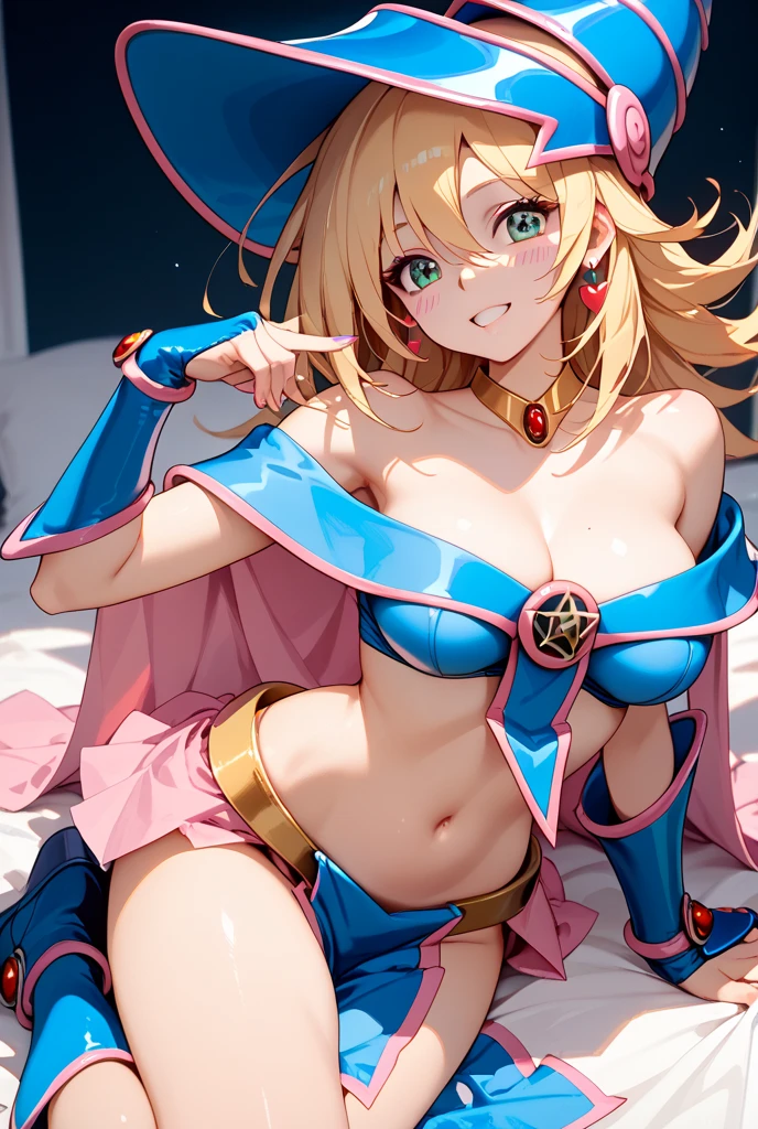 Highest quality, masterpiece, 4K, Highly detailed face, Highly detailed skin, Highly detailed wallpaper, Japanese anime, Second Dimension, Small face, Fine skin, Very beautiful cleavage, NSFW, whole body, One girl, Embarrassed face, On the bed, Blonde, Yu-Gi-Oh, Black Magician Girl, Sweaty, Cosplay, Swimwear, mini skirt, Gestures to seduce a man, Spread your legs in an M shape