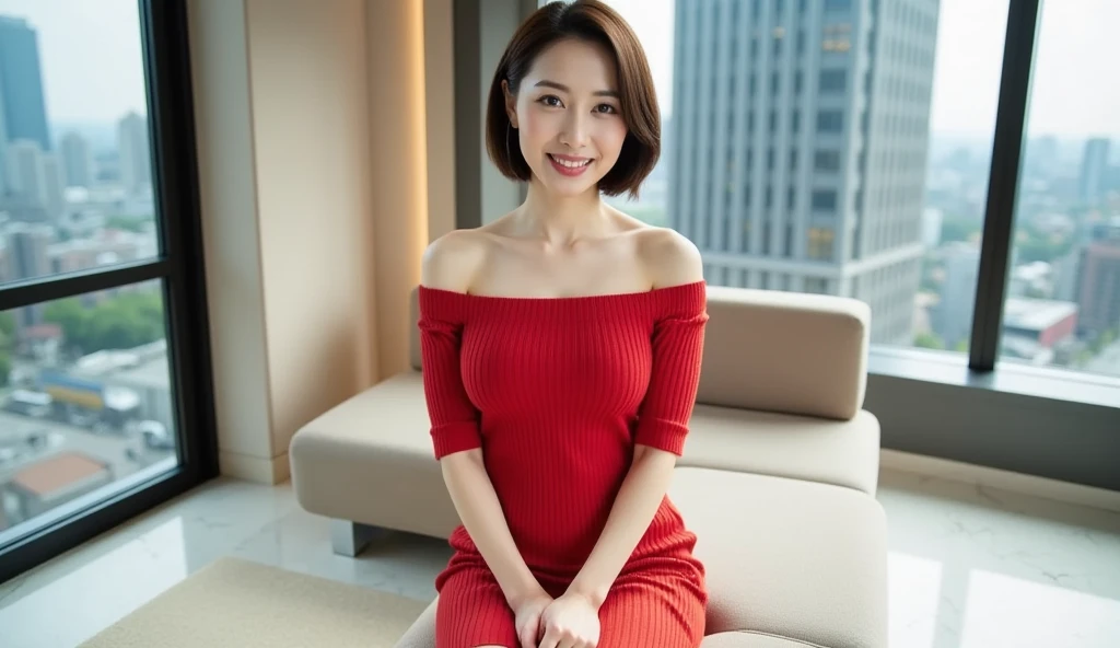 1 girl, smile, Bokeh, Sexy look, Looking at the audience, masterpiece, Model shooting style, Cleavage, Full body portrait, Sexy pose, (A V-neck dress with a bold pattern), Sit on the bed facing the front, short hair, (Straight hair), 8k, RAW Photos, highest quality, masterpiece, Professional photography, Realistic, Photorealism, Best Shadow, Uniform 8K wallpapers in ultra-high resolution