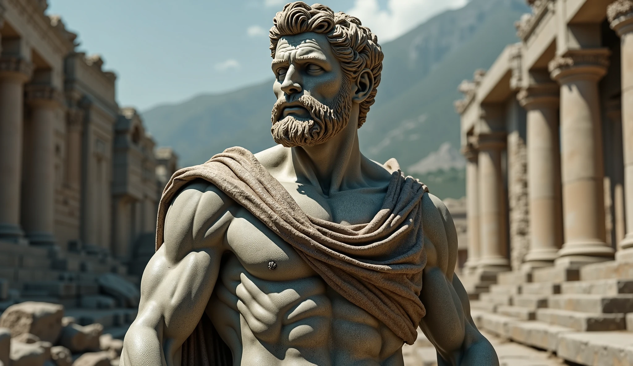 A stoic statue in 4k, a stoic statue from Greece, 8k film with Hercules style and dark background