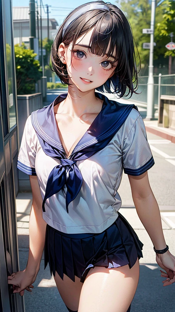 Ultra-high resolution,(reality: 1.4),Highest quality, masterpiece, High detail, 16K quality, beautiful, 1 beautiful girl,Japanese,super beautiful face,Baby Face,Japanese idol face,Cute face,Highly detailed face,Fine hand,beautiful skin,Sweaty skin,Big eyes,Big smile,Professional Lighting,short hair, Black Hair,brown beautiful eyes, Gym suit,Navy bloomers in the school gym, White shirt, Short sleeve, Are standing,Medium Chest,Knee-high socks,She is looking at the camera,Poolside,blue sky,Browsing Caution,Shrapnel,