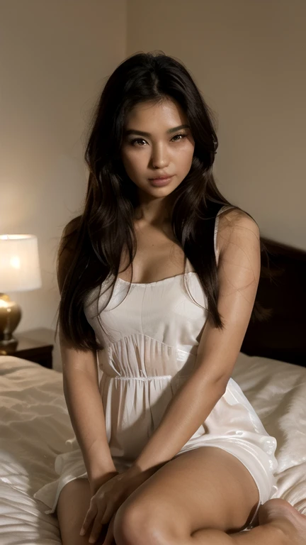 a beautiful girl sitting in the bedroom, a short transparent nightgown, long hair, perfect face, cute face, detailed hands, natural lips color, blue eyes, medium breast, glowing eyes, full body, realistic, detailed background