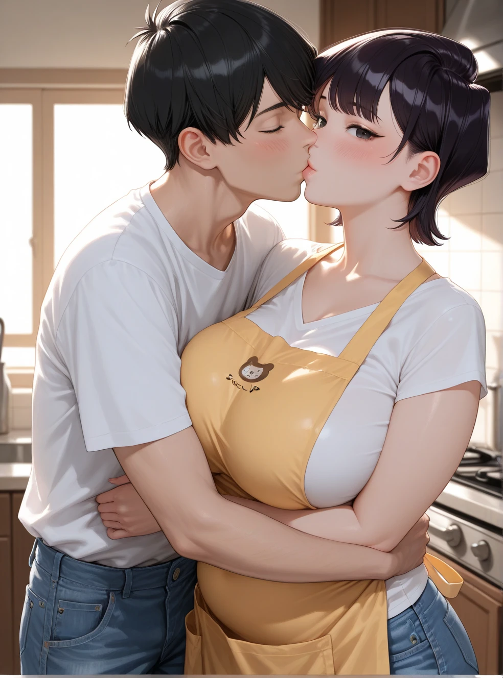 ((1 mature mother and her young son at kitchen, cooking:1.4)),Delicate details on the lips,a milf,artstationh trend,intricate face details,curvy physique,(thick body),vibrant,4k,12k resolution,seductive, mom boy seductive ippo makanaochi, ((naked, hard nipples, stockings , expose pantie, slim body, slim leggs : 1.2)
